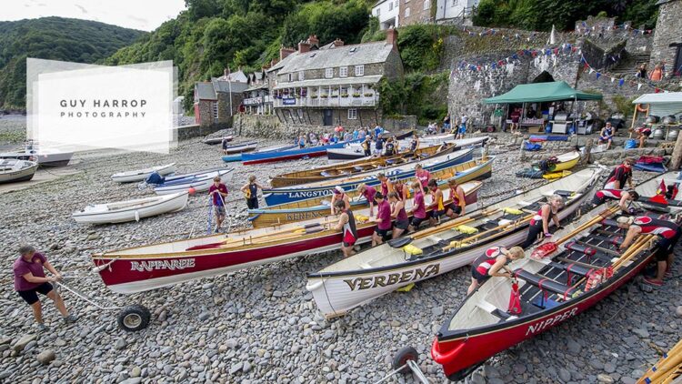 Photo by Guy Harrop. Gig rowers decend on the historical fishing village of Clovelly at the weekend taking part in the 13th gig racing regatta, Devon. The scenic herring fishing village provided a dramatic backdrop as the rowers readied the traditional wooden gigs for the annual races. image copyright guy harrop info@guyharrop.com 07866 464282