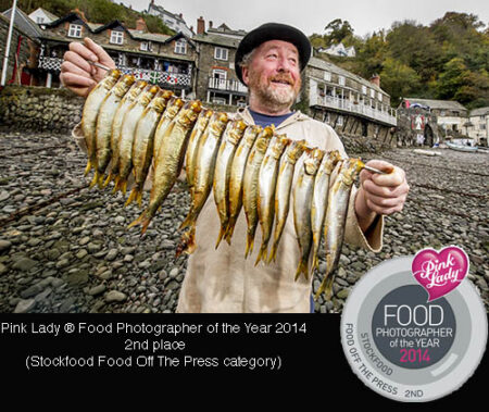 Photo by Guy Harrop 17/11/13. Clovelly herring festival, Devon, UK. The fishing village once depended on the harvest of herring, which are caught in superb condition for a short season off its coast with records going back over 400 years. Now there are just two herring fishermen who still employ sustainable fishing methods using drift nets and long lines. Pictured is expert fish smoker Mike Smylie with some of his traditionally smoked herrings at the festival.

image copyright guy harrop
info@guyharrop.com
07866 464282