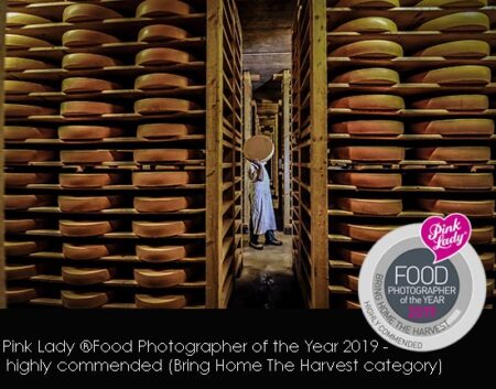 A Swiss cheese maker  with one of the many wheels of gruyere - Etivaz AOC cheeses in a giant ripening cellar high in the Pays d’Enhaut district of the Swiss Alps. Each year around 80 farmers and families traditionally produce cheese everyday in huge copper cauldrons over wood fires, these are then stored in these darkened cellars which can house upto 24,000 wheels of cheese at any one time. Each cheese needs turning every 5 days and can weigh between 20 - 50 kg each.